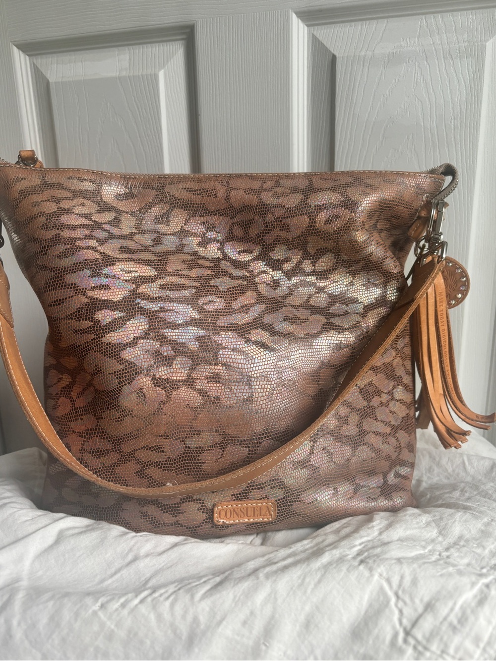 Consuela Bronze Leopard-Print Hobo Bag Iris